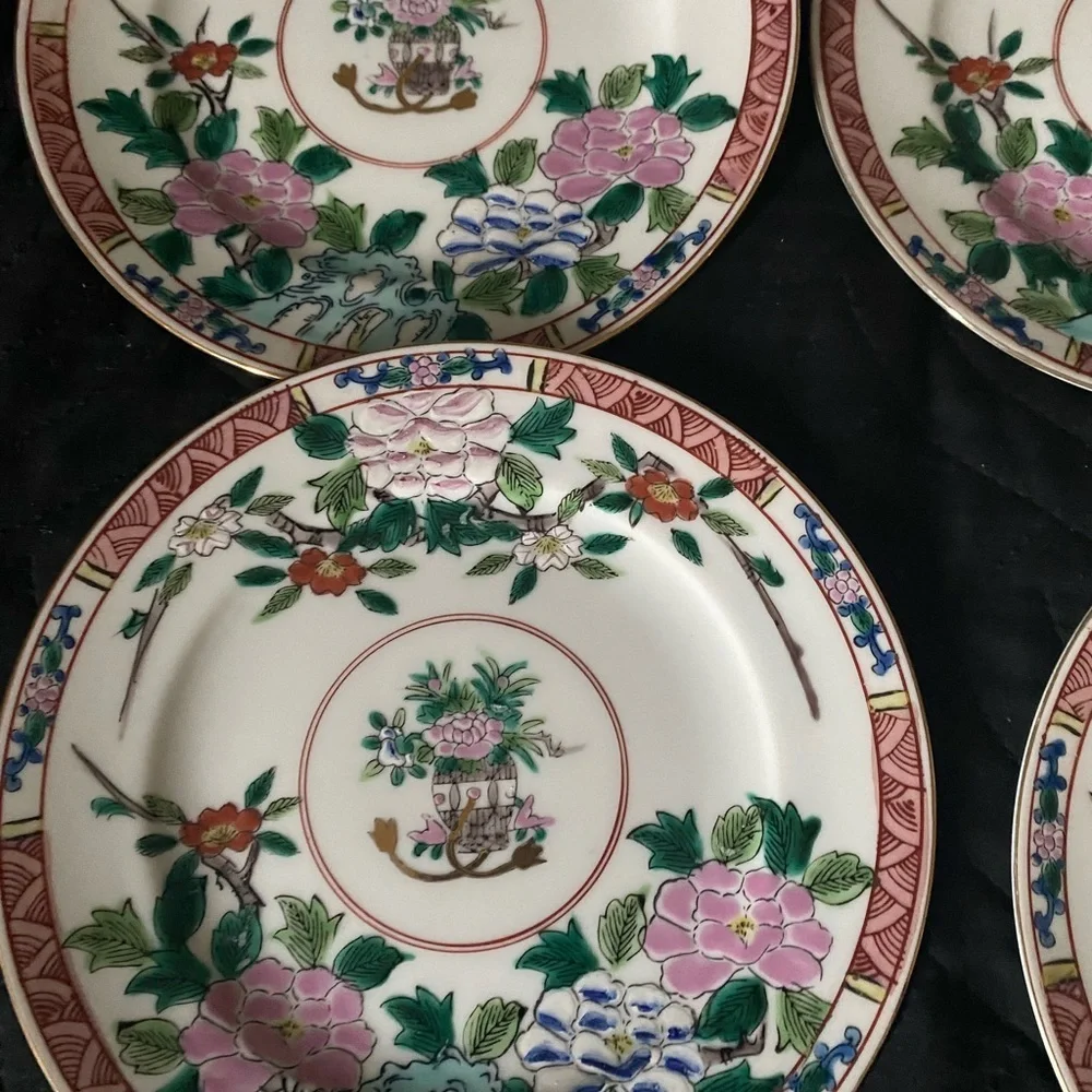 5 Kutani Yaki Ware Japanese Hand Painted  Floral 7.5” MCM Gold Trim Plates